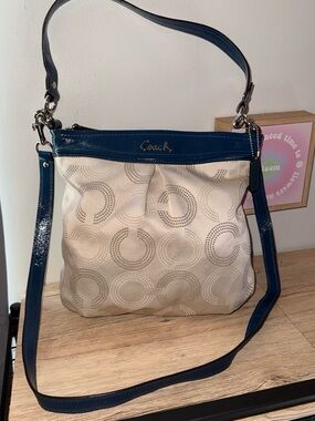 Coach Beige Signature Circle Crossbody with Blue Trim